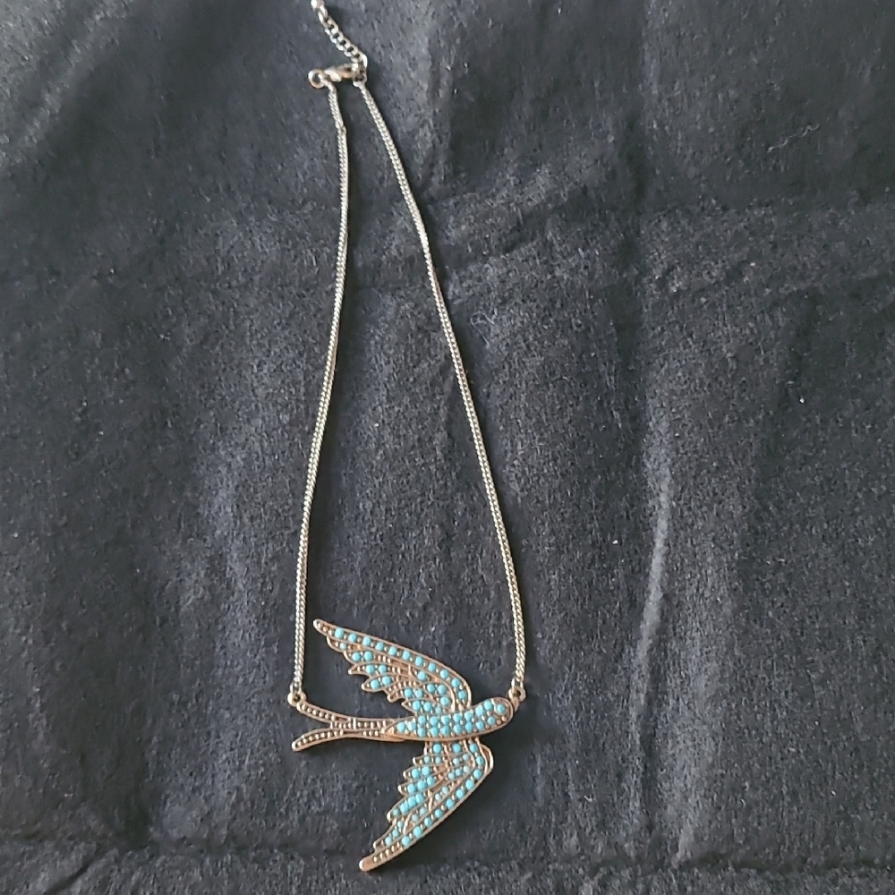 Silvery Gold and Blue Turquoise Bird Necklace
